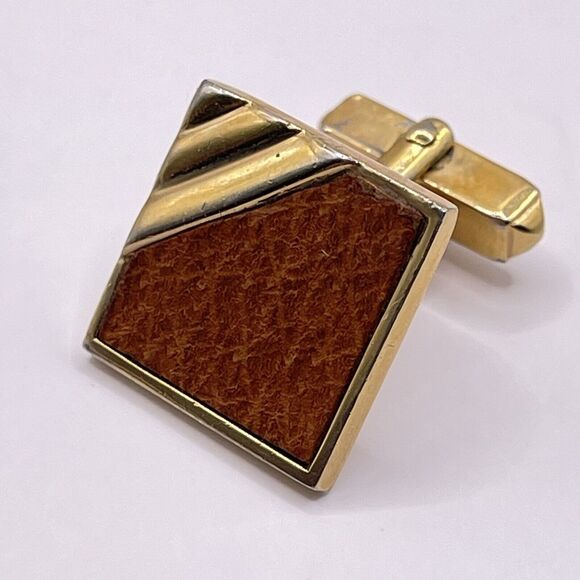 Vintage Swank Gold Tone Leather Cufflinks MCM Classic Modern 1" Inch Square - Picture 2 of 7